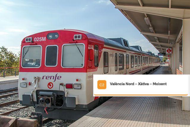 Cercanias Valencia. Line C2 València Nord - Xàtiva - Moixent: Map, schedules and fares of Renfe commuter trains in Valencia